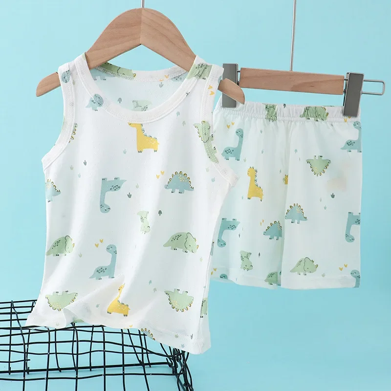 Baby Clothing Bundles - 子供竹綿ベストスーツ夏薄いノースリーブ服かわいい漫画プリント赤ちゃん男の子女の子 2 ピース衣装子供服