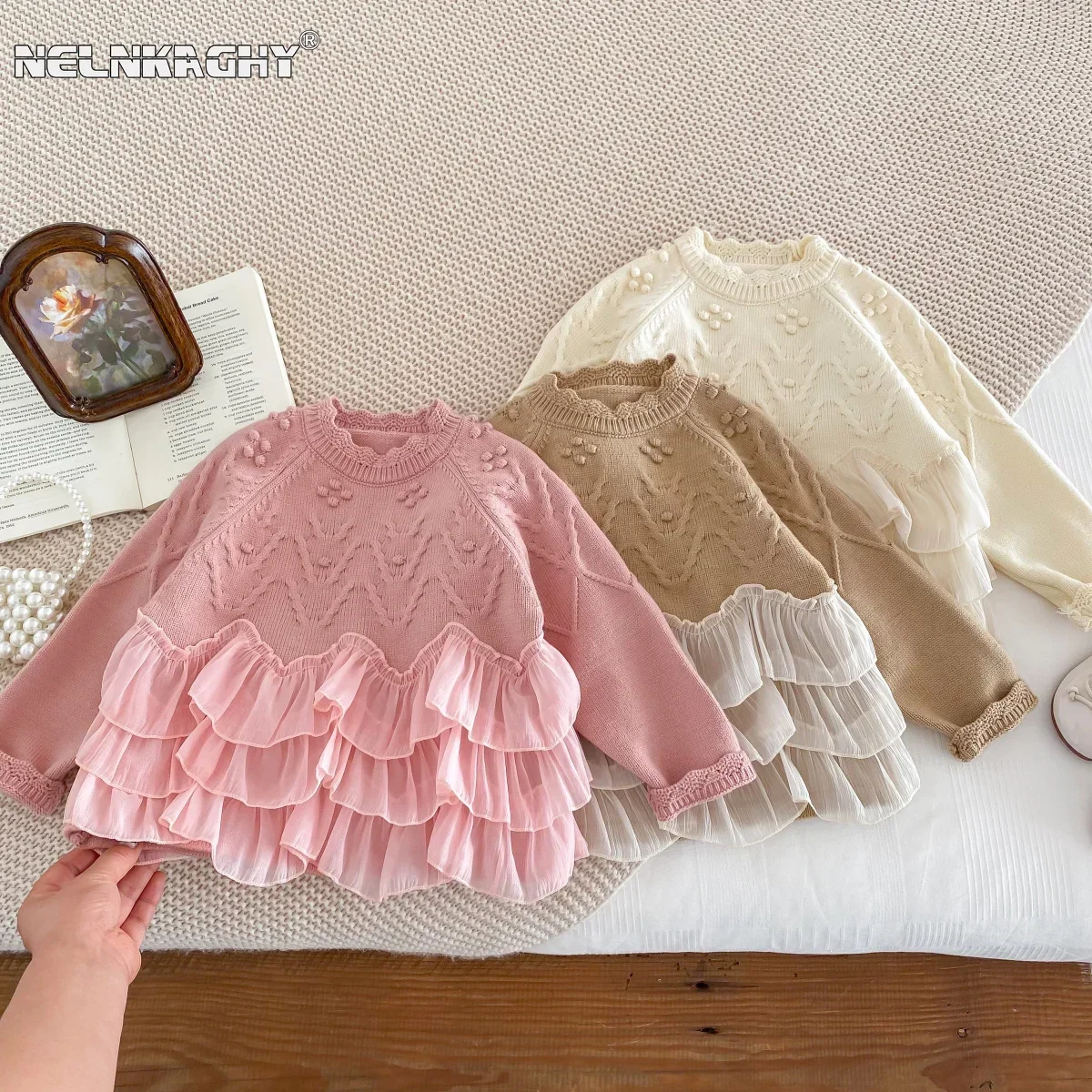 Baby Clothing Japan - 2025 春キッズベビーガールズファッショントップセーター - 子供パッチワークシャーリングニット生き抜く、幼児プリンセス 2-7Y