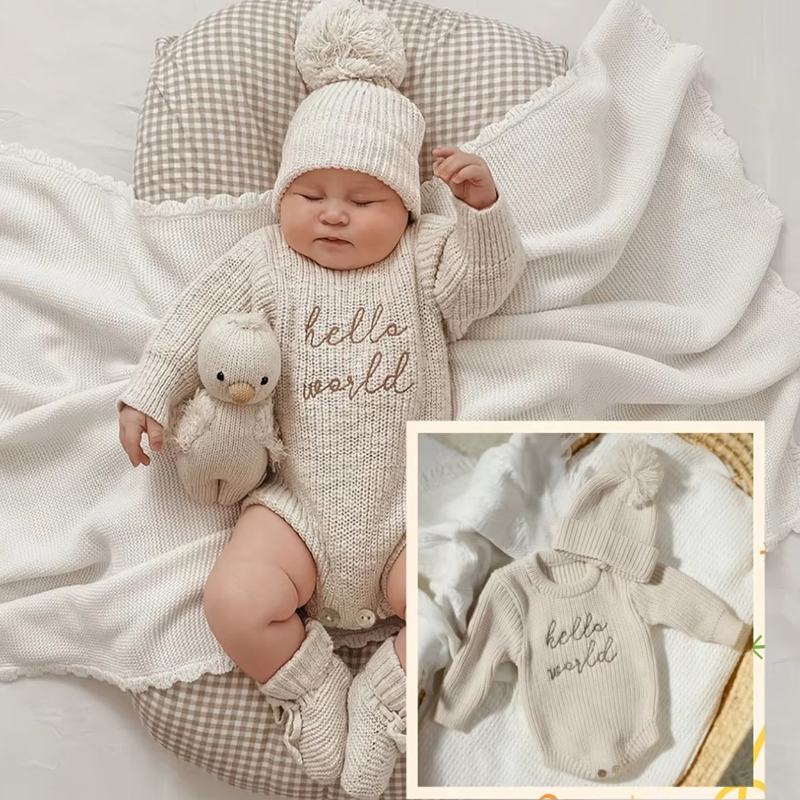 Baby Clothing Sets Boy - Ylsteed Hello World 編み物新生児写真ロンパース お揃いのポンプ帽子付き 赤ちゃん男の子女の子セーター衣装