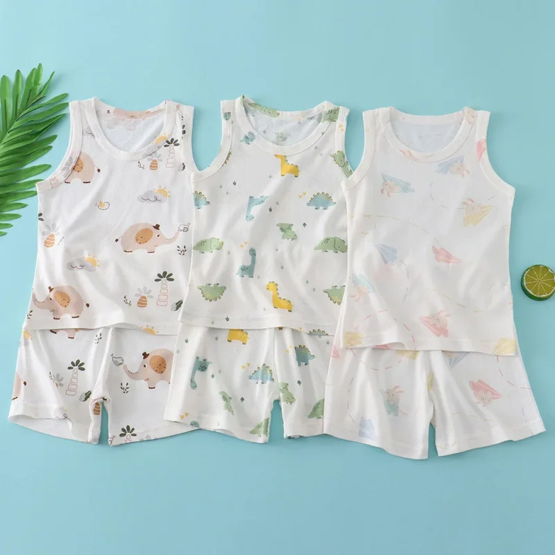 子供竹綿ベストスーツ夏薄いノースリーブ服かわいい漫画プリント - Baby Clothing Bundles のレビューと価格